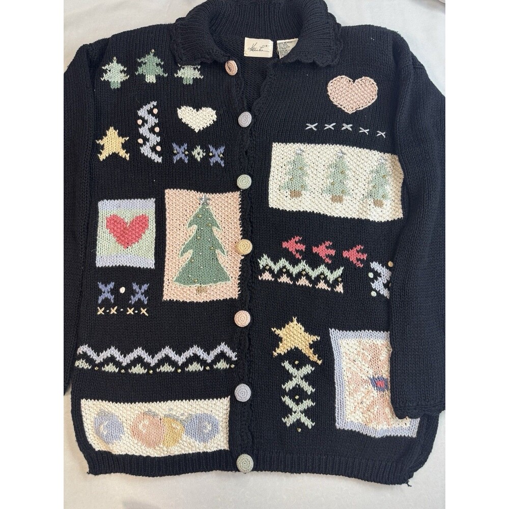 Vintage Kathie Lee Ugly Christmas Cardigan Sweater Womens M Pastel Tree Hearts B